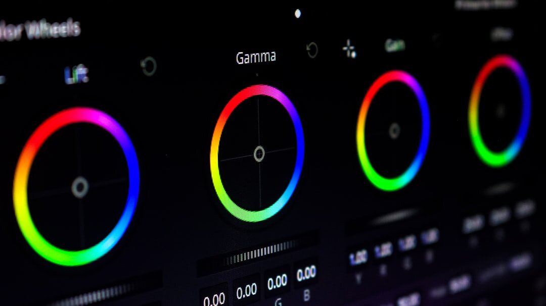 Color grading suite with DaVinci Resolve software on large monitor