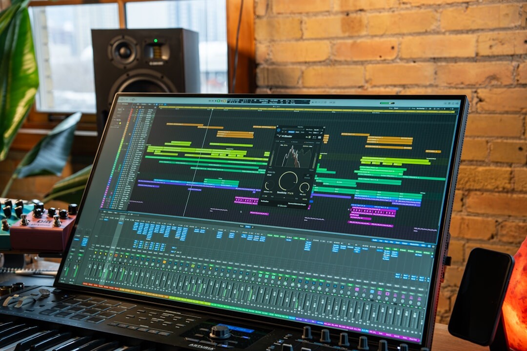 Professional sound design studio with mixing board and studio monitors